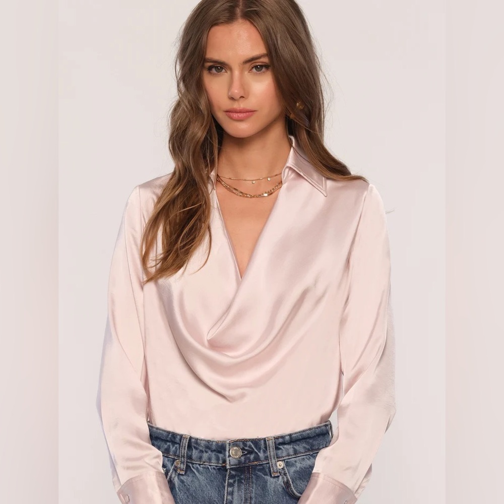 436-Heartloom Donna Cowl Neck Satin Blouse Long Sleeve Cream